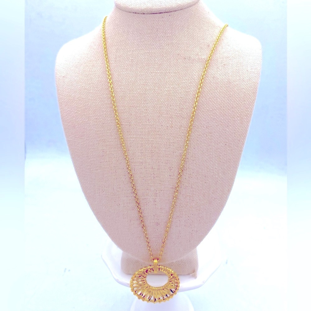 Talbots Elegant Gold Tone Long Necklace With A Sunburst Pendant